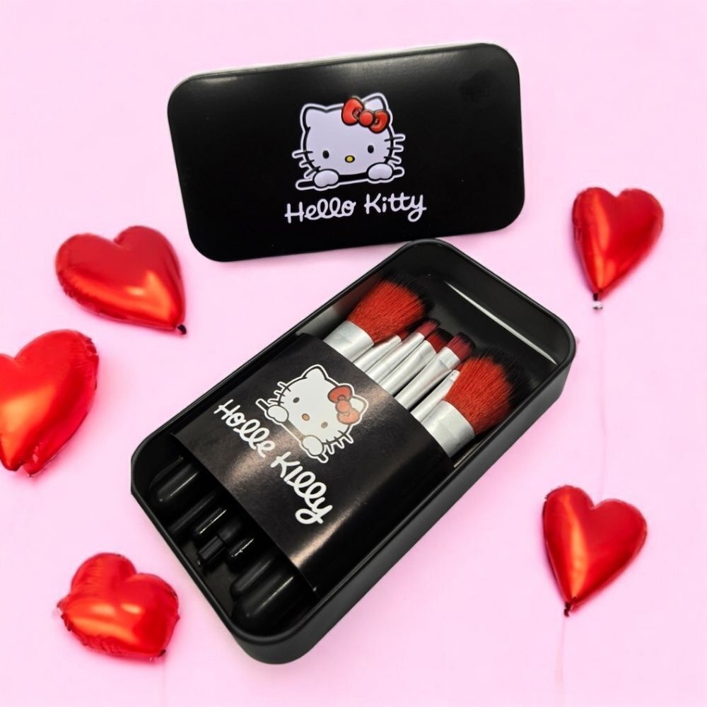 Hello Kitty Makeup Brush Set NWT Black Storage Tin & 7pc Cosmetic Blush Eyebrow